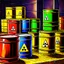 Placeholder: 90's TCG fantasy artwork art of radioactive waste barrels