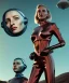 Placeholder: Ultra Realistic retro sci-fi movie scene, 1960 year, waist up view portrait, 3 clones blonde women, sweet young uma Thurman face, perfect iris, glow eyes, face makeup. Mars and martians background, Retro sci-fi style, helmet, tight latex coat, fog, rain, soft color, highly detailed, unreal engine 5, ray tracing, RTX, lumen lighting, ultra detail, volumetric lighting, 3d, finely drawn, high definition, high resolution.