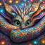 Placeholder: Cute baby dragon with big eyes lying curled up, sparkling colorful 3D fractal skin folds that look like glass, sparkling colorful 3D mosaic background