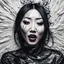 Placeholder: paper portrait of Goth Asian woman, lying pose, face distorted with pain, reverse colors, screaming, tears streaming from eyes, glitchcore, horror, ultra realist texture,