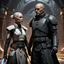 Placeholder: a bold and heroic bald male Corellian pilot in black and metallic grey First Order special forces gear meets a female Jedi Master in ancient, mystical temple, hyperdetailed, dynamic lighting, hyperdetailed background, 8k resolution, volumetric lighting, light skin, fully symmetric details