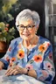 Placeholder: watercolor painting, chiaroscuro, deep shadows, masterpiece, happy, 2020 caught off guard, 79-year-old Phyllis Kendall, short pixie-cut, shag-cut straight, dark salt and pepper hair, overweight, blue eyes, great big, round lensed eyeglasses, wearing a black, floral print, short-sleeved, pull-over shirt, dark blue sweatpants, sitting at the computer checking her emails