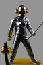 Placeholder: Metallic Cyber-punk man with camera-mask and old AKG-style headphones with golden rings. Fencing mask covers man's cheeks. Good body shape. Reflective plastic. Body and head full of integrated old-fashioned cameras. Ancient silver telephone attached to perfect body, trunk. Euclidean 3D-tiling, Escher tiling, background. Cables from joints. Daft Punk, Tron&Matrix movies, black leather jacket, tippet. Black latex areas in black leather surfaces body. 1990's. Trypophobia, noctuid eyes