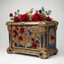 Placeholder: A golden antique chest with red roses and midnight blue appliqués.White background