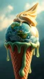Placeholder: art create a 4k image of planet earth as an ice cream cone in it an illustration in the style of Luis Royo, Rarth as an ice cream large droplets of viscous syrupy fluid, burnished jade,