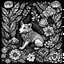 Placeholder: black and white. animal between seeds and big flowers. black background. for a coloring.