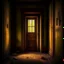Placeholder: An ancient, weathered door stands in an abandoned house, shrouded in deep, engulfing darkness. The walls are rough and covered in moss and dust, with wooden beams crumbling and floors uneven. The faint light coming from a small particle of the philosopher's stone, placed mysteriously near the door, emits a warm, surreal glow, contrasting with the surrounding darkness. The stone’s light weakly illuminates the nearby area, casting long, eerie shadows. The atmosphere is thick with mystery and tensi