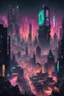 Placeholder: a dystopian city from extreme distance merging with Moloch, giant neon advertising