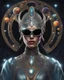 Placeholder: A captivating and vibrant portrait of an extraterrestrial being, perfectly suited for a futuristic cover. The alien sports a stunning metal headdress, with intricate designs that perfectly match his elegant silver face. Her retro-style oversized sunglasses are adorned with miniature stars and planets, accentuating her otherworldly charm. Against a dark cosmic void, the background displays a fascinating dance of vivid colors, evoking a sense of movement and cosmic energy. Full body