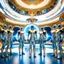 Placeholder: (masterpiece, best quality, 8k, RAW photo, beautiful and aesthetic:1.2), complex detail, Indirect light, photorealistic, (((full body))), a A group of Cosmic gods smiling, Mixed, sci-fi, spiritual and cyborg outfit with golden futuristic artifacts, white, blue and silver elements- Inside a great room of a flying saucer with a round hublot showing a galactic sunset