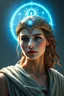Placeholder: Create a photo realistic image of a god like women with a mystic blue ring above her head with symbols of mystic ruins
