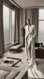 Placeholder: a woman standing in a room next to a table, vman magazine, wearing dramatic aristocrat robe, long - tailed tuxedo coat, deep stillness and silence, body harness, hotel room, elegant girl in urban outfit, slender girl, glass walls, magazine article