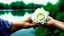 Placeholder: a young woman's and man's hand together holds a bunch of white rose , in the blur background a lake, some green trees, ultra detailed, sharp focus, perfect anatomy, perfect hands with fingers, perfect photo