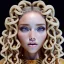 Placeholder: brown eyes, curly spaghetti hair roll, blonde cute young woman singing at saturns europa moon, golden jewelry, ice cold, winter, magnificent, majestic, highly intricate, incredibly detailed, ultra high resolution, complex 3d render,renaissance painting