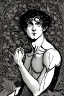 Placeholder: Black haired blue eyed freckled young male satyr alchemist in the style of aubrey beardsley