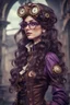 Placeholder: A girl with long, wavy dark brown hair, steampunk glasses on her head, purple eyes, dressed in steampunk clothes
