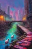 Placeholder: painting of a cyberpunk colourful natural walkway rubbish on the street in the city with pollution and a small bridge by a creek with electric sheep and androids by monet