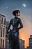 Placeholder: Photo Of A slim Woman With Black Hair, Wearing An android-looking suit, standing sideways On A Ledge of a building, With A waning moon Behind Her Head, sunset