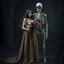 Placeholder: woman in a long dress standing next to a skeleton holding a bouquet of flowers, gothic setting, dark fantasy, photorealistic. 4k