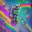 Placeholder: A raccoon astronaut riding a rainbow bike on a mission to gather space trash, jumping over asteroids as he goes.