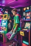 Placeholder: a millineal teenage boy is playing video arcade games, bright colored clothes from the 90s, hairstyles of that time