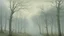 Placeholder: A pale bluish white foggy treetops with birds painted by John Atkinson Grimshaw