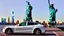 Placeholder: A Tesla's 'Model S Plaid' is parked, under the Statue of Liberty, in New York city. CINEMATIC. WIDE ANGLE LENS.