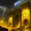 Placeholder: A yellow glowing ruins with clocks in a thunderstorm painted by Zosan