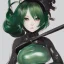 Placeholder: Detailed cute anime Kunoichi girl, green hair buns, greem bangs, black latex bodysuit, intricate details, full body portrait, keep head in frame, slight smile, black Japanese motif, concept art, highly detailed, digital painting, concept art, sharp focus, illustration, art by Yoji Shinkawa, WLOP and greg rutkowski and alphonse mucha and artgerm and yanjun Chen and Junji ito and Makoto Shinkai, HDR, octane render