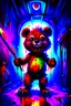 Placeholder: A maniacally laughing psycho evil teddy bear holding a knife, his one eyeball (made of a button and thread) hangs down his furry face, creepy, nightmarish, scary and surreal, the background is a bloody hallway erupted with bright multi-color flames, animatronic, cartoonist, absurdist, exaggerated, character design, horror cut v.I, horror art, five nights at Freddy, similar art to chucky, garbage art, graphic novel illustration style, videogame art, post modern cartoon, trending on artstation, Ka