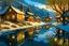 Placeholder: Landscape , winter, lit village, lake, snow, bright, cottonwood trees, old buildings, reflections, w , high detail,4k, in style of Nicholas Roerich