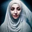 Placeholder: close-up portrait of woman in hijab dissolving into dust, fine detail, highly intricate, wearing bridal veil, modern surrealism painting, defined cracks and breaks, high-quality, volumetric lighting, 8k, ultrahd, George Grie, Marco Escobedo, Igor Morski