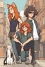 Placeholder: Act like a book cover designer. Use comic style. Grimmy black cat and three teenagers (13-15 years old) - two brothers with ginger hair and frickles with a brown-haired girl. Environment: old town.