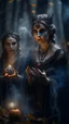 Placeholder: close up portrait of merciless medieval countess and her creepy sister in big eyed trance, delicate hands, full moon, swirly mist,autumn wind, performing arcane invocation ritual of smoke demon with immense power on luminous stone altar in dark forest grove, shot on Hasselblad h6d-400c, zeiss prime lens, bokeh like f/0.8, tilt-shift lens 8k, high detail, smooth render, down-light, unreal engine, prize winning