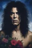 Placeholder: Chiaroscuro lighting, deep shadows, rich deep colors, facial portraits, 1980, 72-year-old Paul Stanley, ((1980's big hair, long, teased up Spikey Motley Crue style hair)), black hair, facial portraits, foggy, cloudy blue wall with assorted designs and multiple floral arrangements in the background, 4k, 8k, 16k, 32k, 100k UHD, Ultra-Hyper Resolution, dark, sultry eyeshadow, eyeliner, mascara, rouge, lipstick, from the rock and roll band KISS