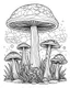 Placeholder: mushroom world minimalistic landscape. line art, background, vector, svg, coloring book page style, black outline on white background