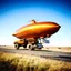 Placeholder: award winning photograph of a steampunk house-fly ufo genetic-spliced dirigible designed by only one vehicle per image painted metallic orange traveling at a high rate of speed, jet intake off of front center of vehicle and jet exhaust out the rear bilaterally symetrical, more a high speed road vehicle