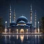 Placeholder: Hyper realistic beautiful navy-blue coloured mosque in a dark rainy night with water fountains