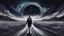 Placeholder: A solitary androgynous figure seen from behind, carrying an oversized heavy dark backpack, walking alone along a long winding road floating on a vast dark sky. Surreal abstract dreamscape, the road curving into endless darkness, abyss, mist, uncertainty and emotional weight, alone caracter, black gray, Dark blue, charcoal and muted purple tones, deep sky, digital art, etheral, atmospheric