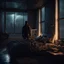 Placeholder: A man, seeing the city through the window, beautiful cozy bedroom with floor to ceiling glass windows overlooking a cyberpunk city at night, thunderstorm outside with torrential rain, detailed, high resolution, photo realistic, dark, gloomy, moody aesthetic, intricate details, unreal engine 5, perfect lighting, muted tones, amazing photo.