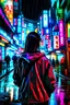 Placeholder: kyouko hori in tokyo rainy night with neon lights from her back point of view