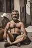 Placeholder: strong beefy burly mature mexican man sunbathing, sitted on an empty street, 43 years old, shirtless, shorts, manly chest, very hairy, short beard, big shoulders, relaxed, photorealistic, well defined facial features, half figure photography, view angle from the ground