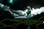 Placeholder: Wide angle photo of a sci-fi woman with blond hair, silver and black futuristic spacesuit looking android-like, standing on a derelict alien jungle planet with cloud trees in multiple green hues