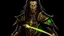 Placeholder: full length, mantle, black background, black with, holding a spear in his hand, dark green eyes, the character is not too close to the camera