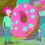 Placeholder: Morty staring at a giant pink donut, while Rick explains his plan to steal the recipe of the Krusty Burgers.