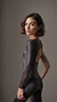 Placeholder: photography of a beautiful anorexic woman, anthracite satin triathlon top, sports illustrated, brunette short wavy bob haircut, pronounced sternum, flat chest, anthracite short leggins