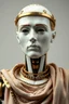 Placeholder: an automaton, a mechanical man, made of ivory porcelain skin, with bronze gold trims, doll-like features, dressed in classical greek clothes, empty black eyes and unexpressive face, full figure, photorealism