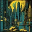 Placeholder: trompe l'oeil illusionistic detail, woodblock stamp print, twilight in the city, skyscrapers, neon lights, crescent moon, graffiti walls, poster art, cyberpunk, dramatic futuristic city-punk, yellow - cyan - black - midnight blue colors.