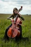 Placeholder: The whole body of Maniquí de glassy Artist mader playing the cello in a grass field