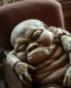 Placeholder: a chubby really old mummified corpse, eyes closed, leaned over in a brown chair